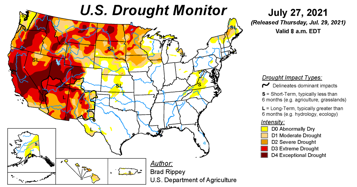Map of U.S. drought conditions for July 27, 2021