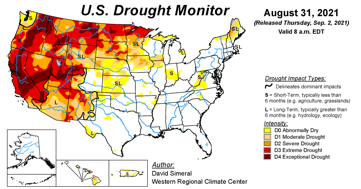 Map of U.S. drought conditions for August 31, 2021