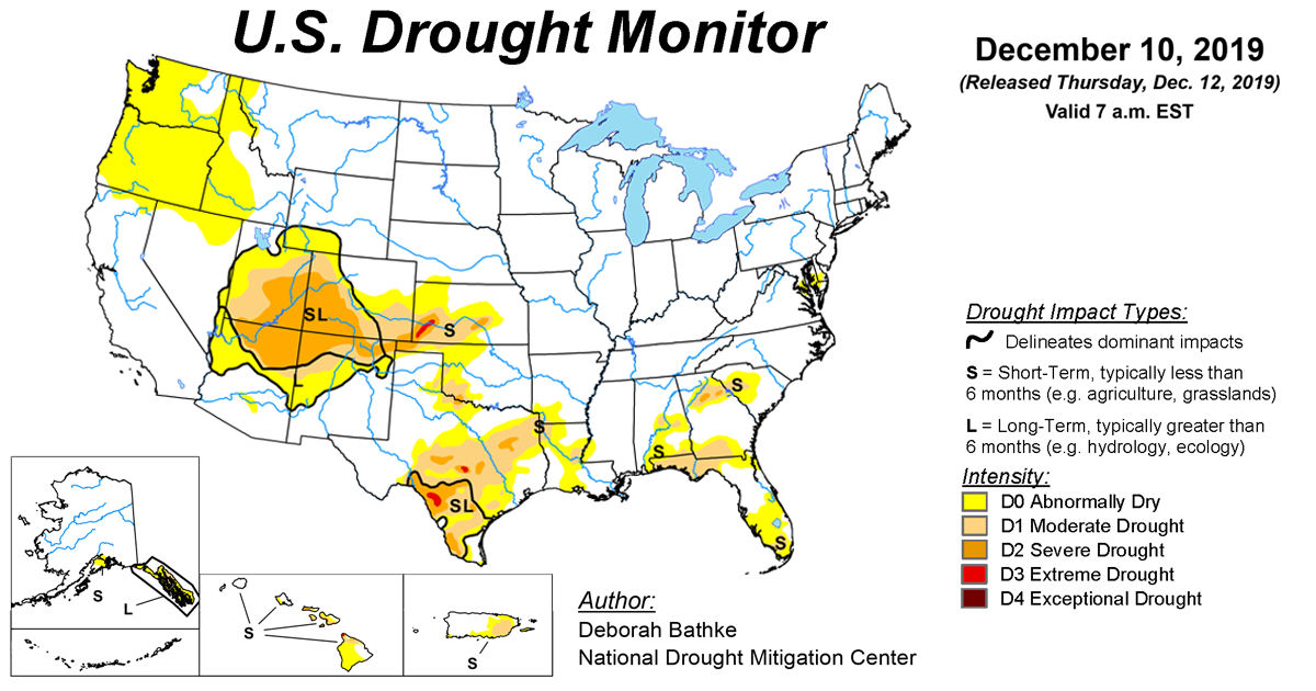 Map of U.S. drought conditions for December 10, 2019