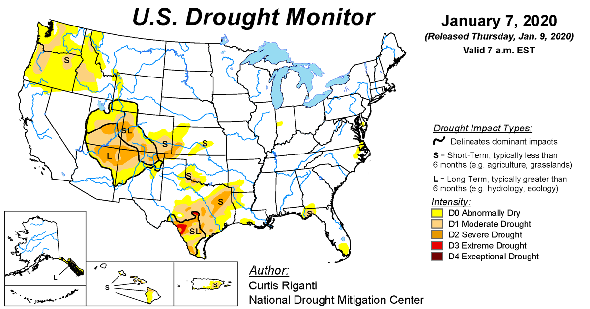Map of U.S. drought conditions for January 7, 2020