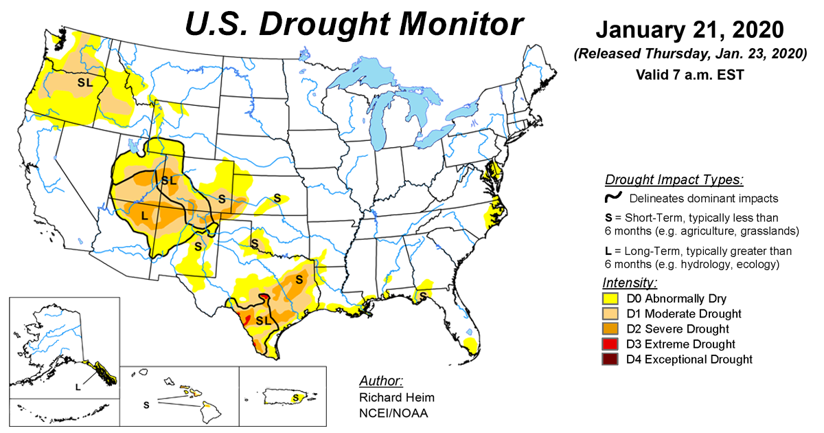Map of U.S. drought conditions for January 21, 2020