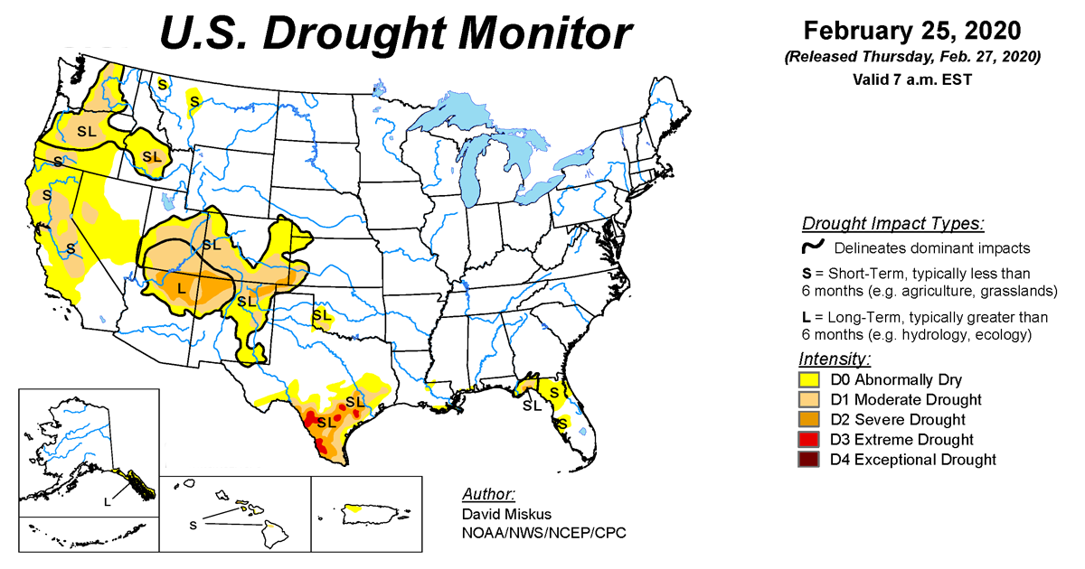 Map of U.S. drought conditions for February 25, 2020