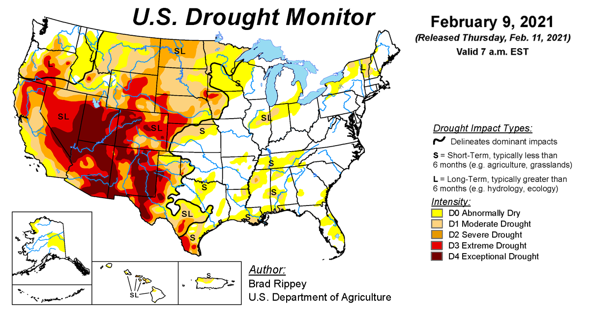 Map of U.S. drought conditions for February 9, 2021