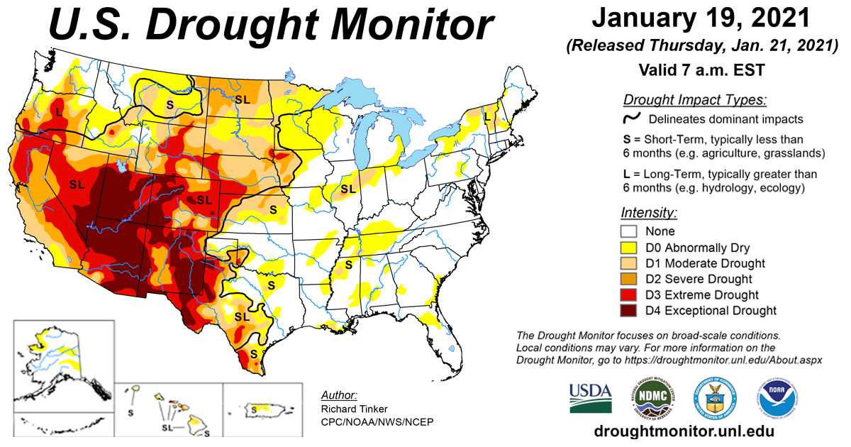 Map of U.S. drought conditions for January 19, 2021