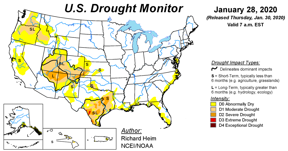 Map of U.S. drought conditions for January 28, 2020