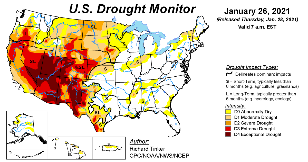 Map of U.S. drought conditions for January 26, 2021