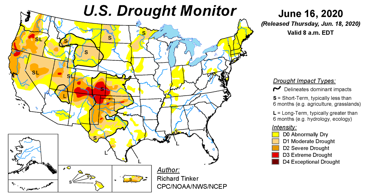 Map of U.S. drought conditions for June 16, 2020