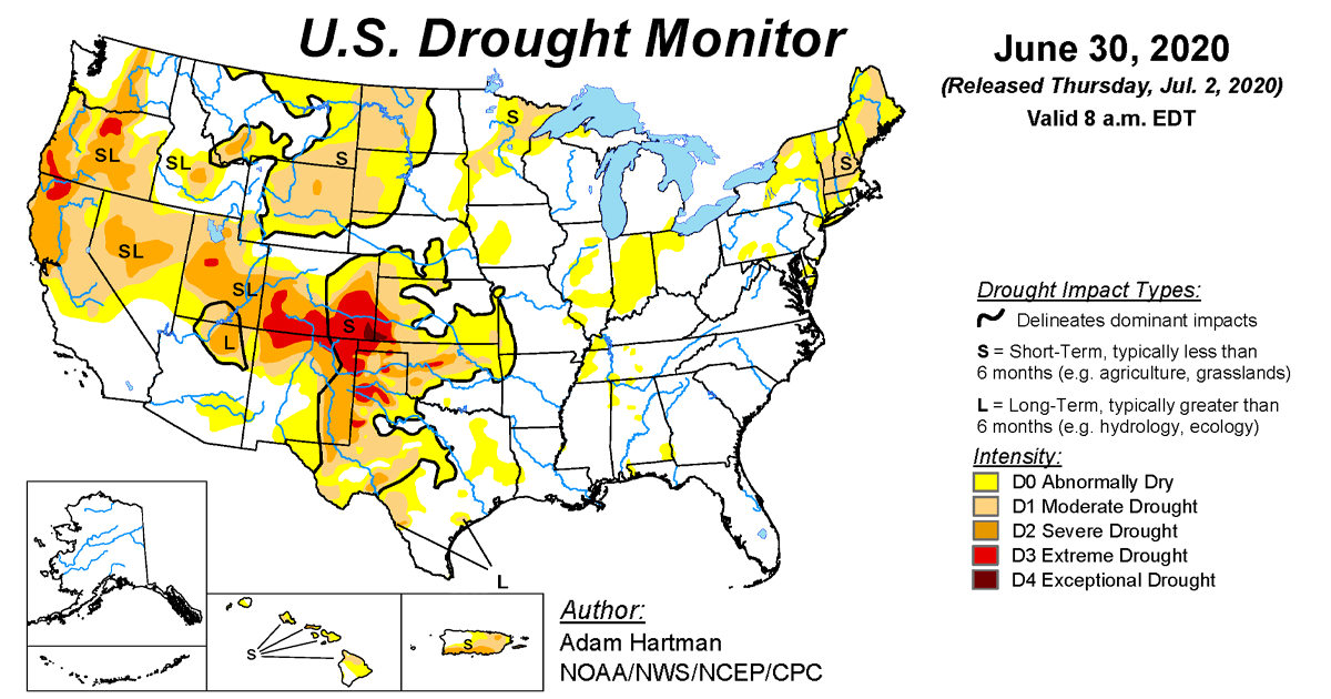 Map of U.S. drought conditions for June 30, 2020