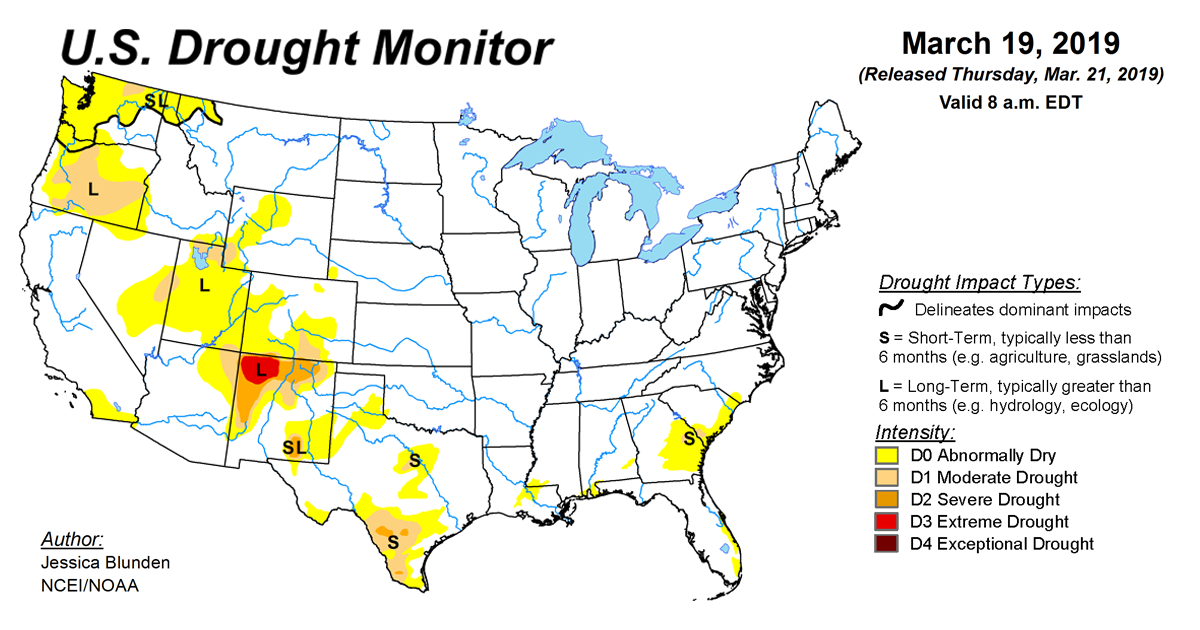 Map of U.S. drought conditions for March 19, 2019