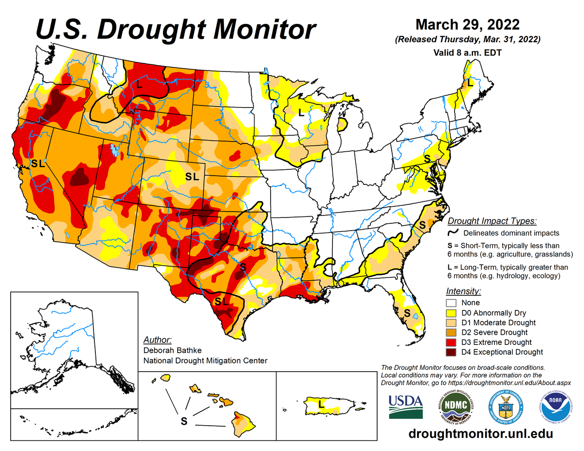 Map of U.S. drought conditions for week ending March 29, 2022