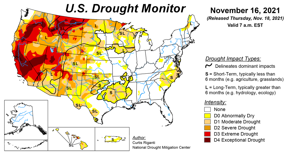 Map of U.S. drought conditions for the week ending November 16, 2021