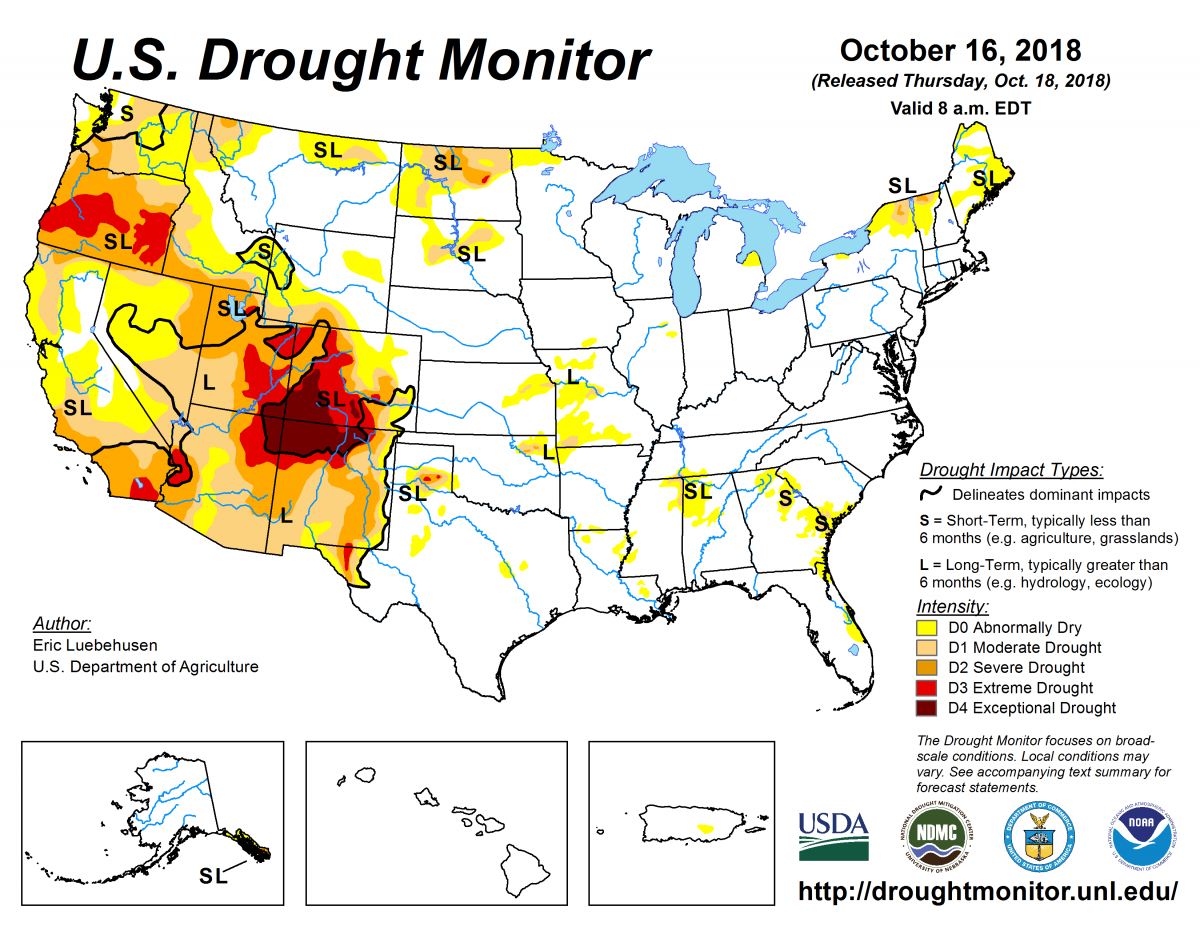 Map of U.S. drought conditions for October 16, 2018