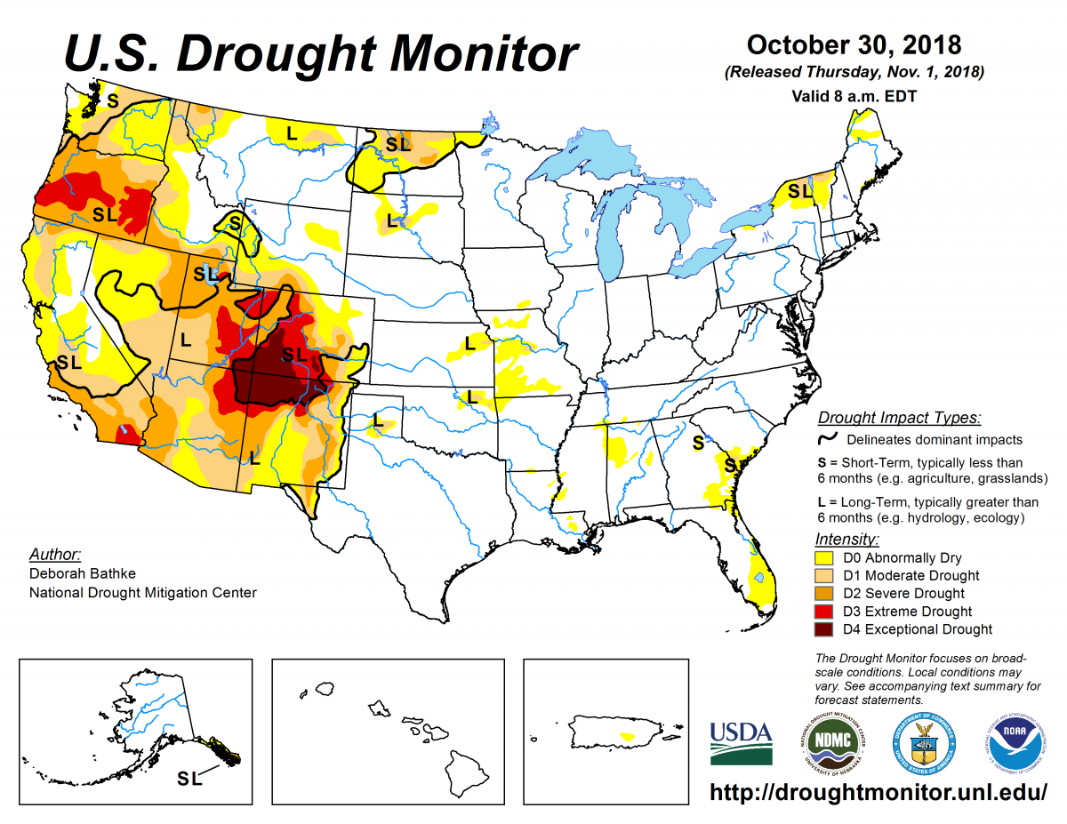 Map of U.S. drought conditions for October 30, 2018