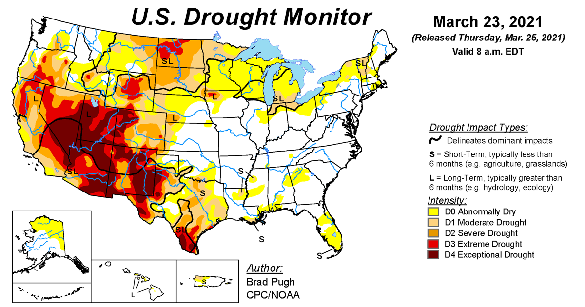 Map of U.S. drought conditions for March 23, 2021