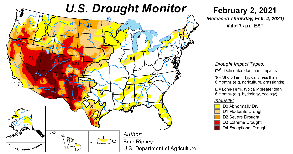 Map of U.S. drought conditions for February 2, 2021