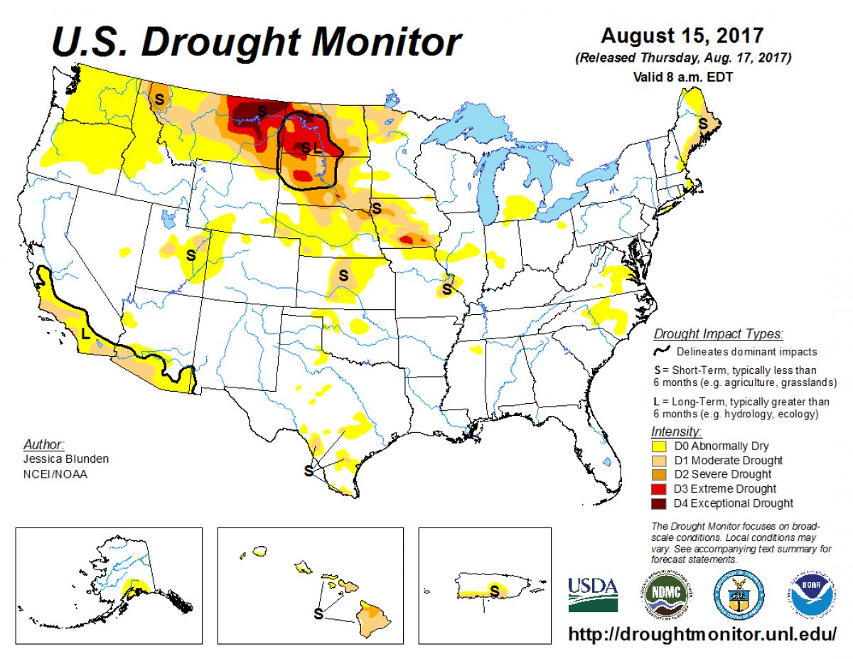 Map of U.S. drought conditions for August 15, 2017
