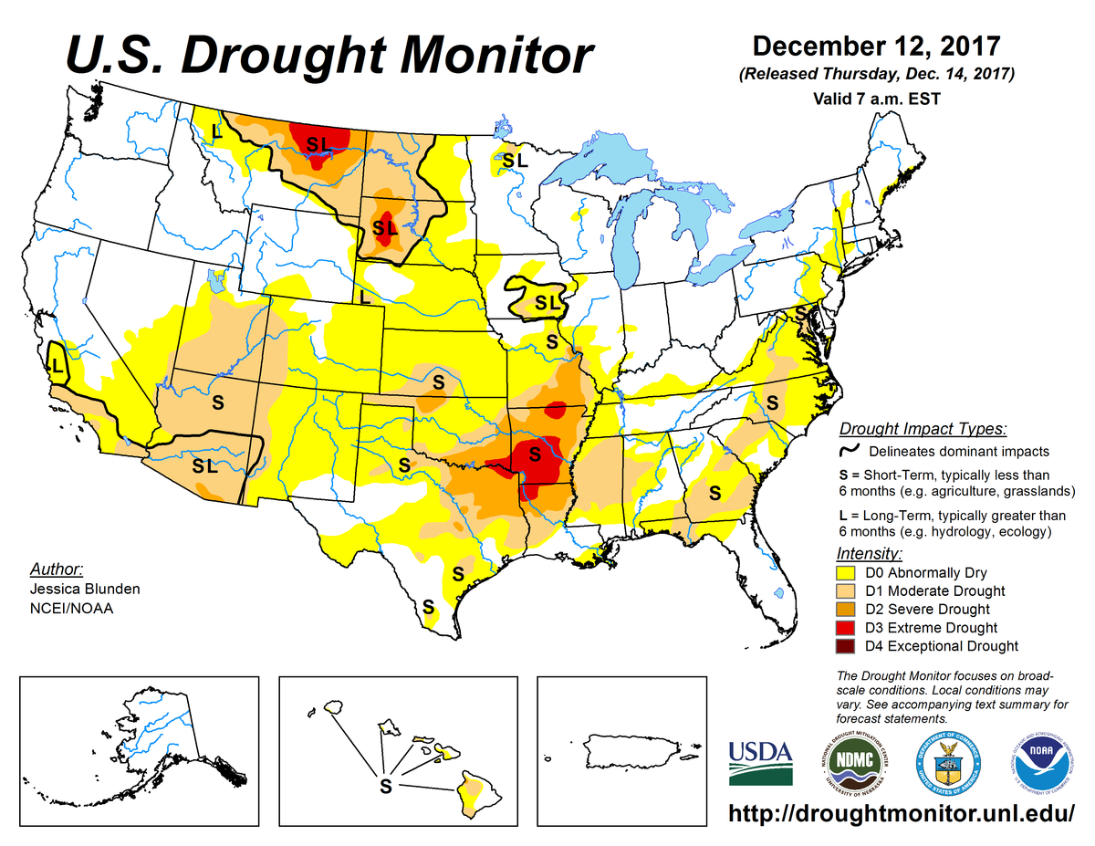 Map of U.S. drought conditions for December 12, 2017