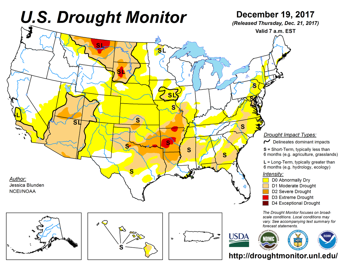 Map of U.S. drought conditions for December 19, 2017