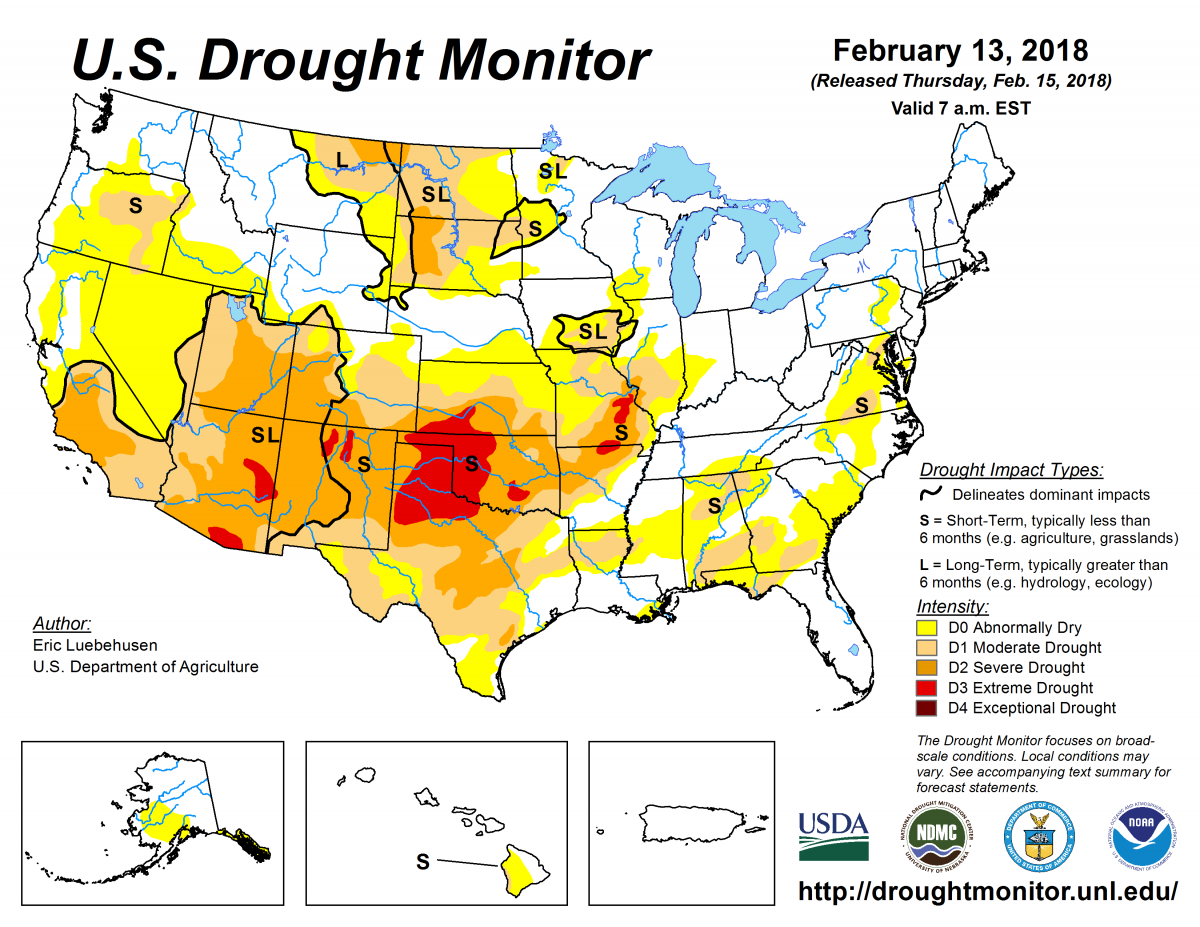 Map of U.S. drought conditions for February 13, 2018
