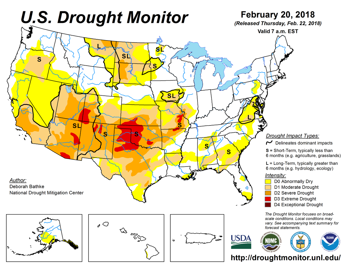 Map of U.S. drought conditions for February 20, 2018