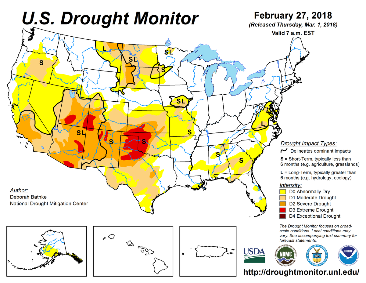 Map of U.S. drought conditions for February 27, 2018