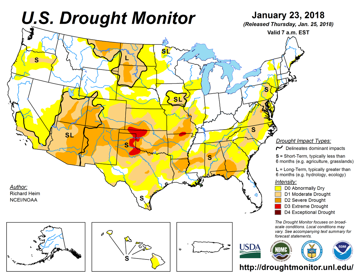 Map of U.S. drought conditions for January 23, 2018