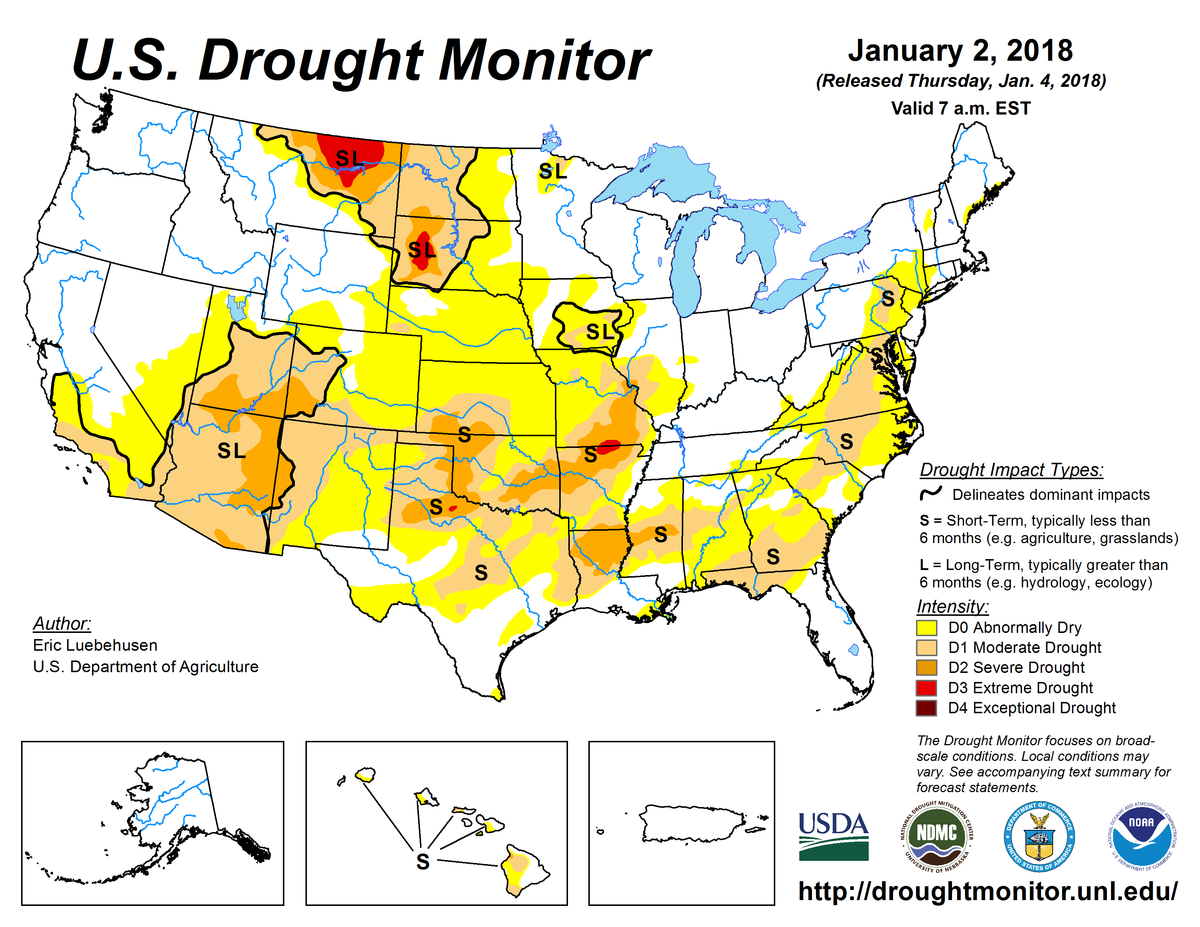 Map of U.S. drought conditions for January 2, 2018