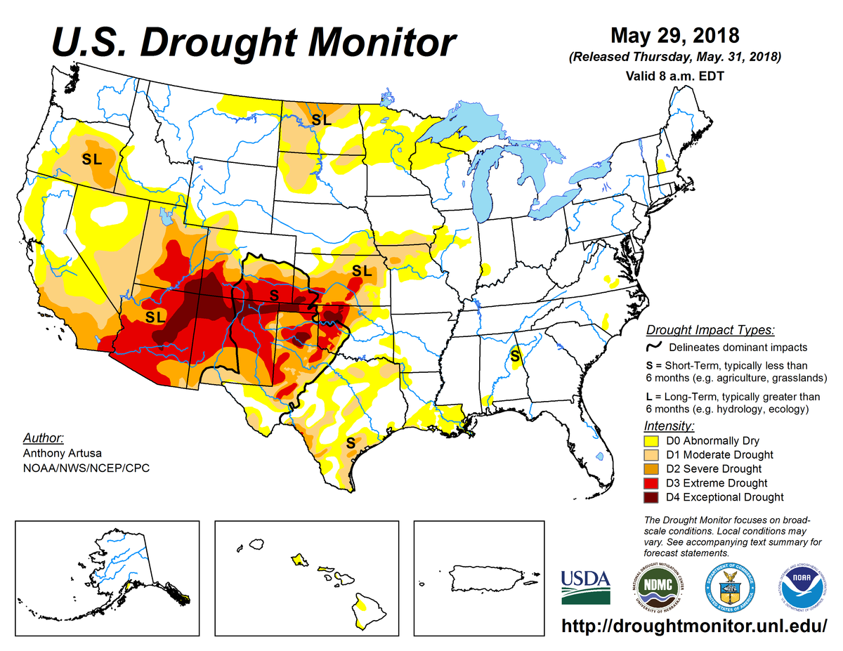 Map of U.S. drought conditions for May 29, 2018