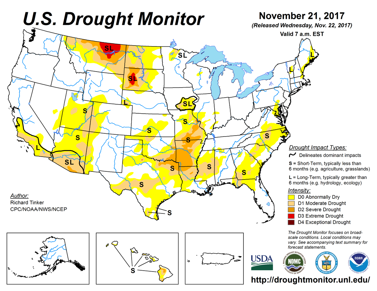 Map of U.S. drought conditions for November, 21, 2017