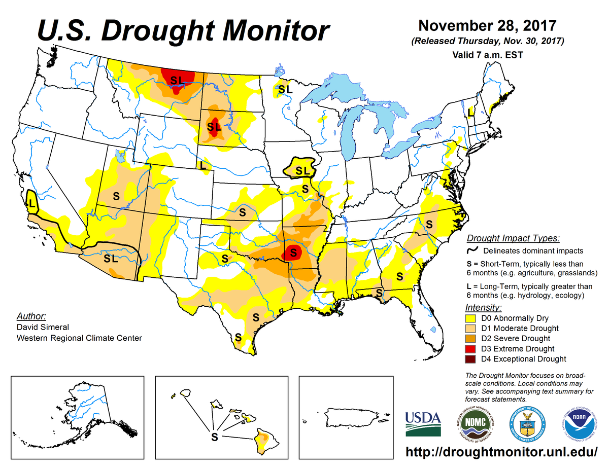 Map of U.S. drought conditions for November 28, 2017