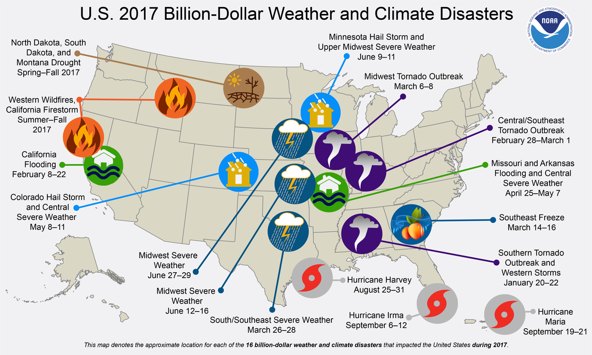 Map of 2017 U.S. billion-dollar weather and climate disasters