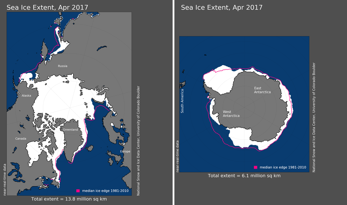 Maps of Arctic and Antarctic sea ice extent in April 2017