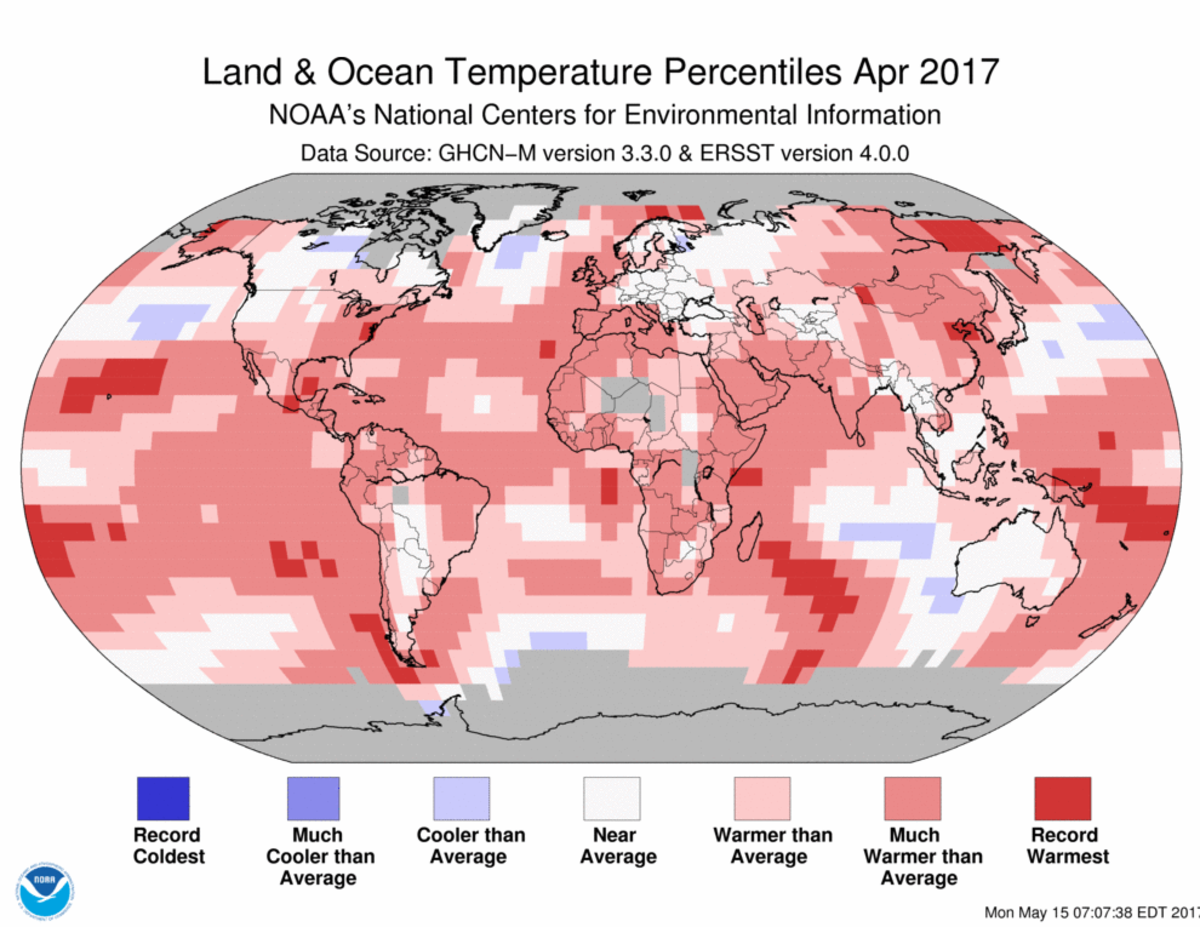 Map of global temperature percentiles for April  2017