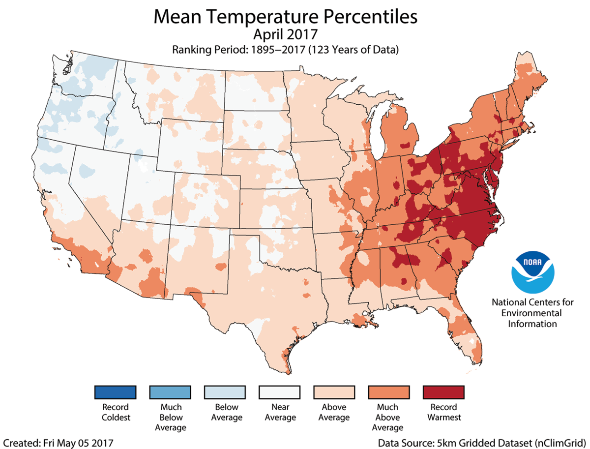 Map of April 2017 U.S. average temperature percentiles