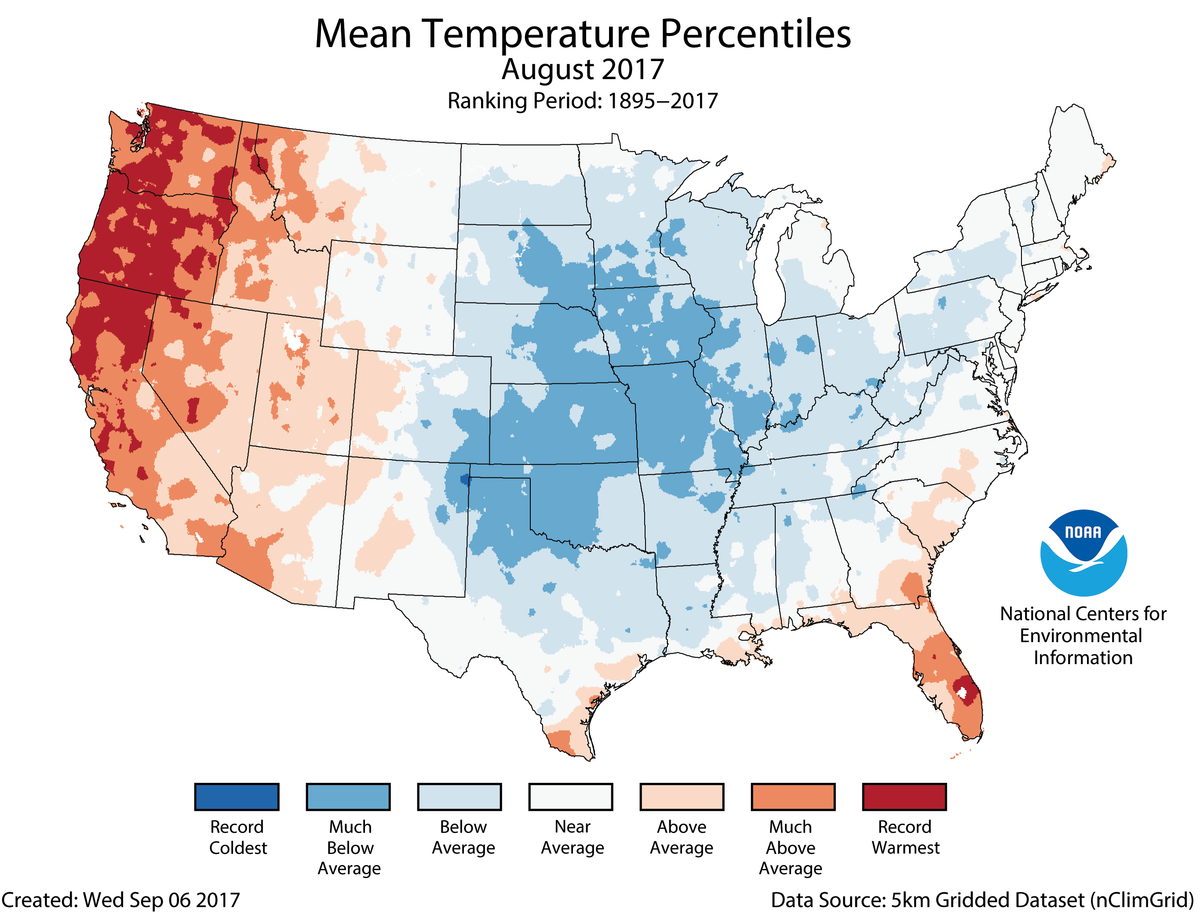Map of August 2017 U.S. average temperature percentiles