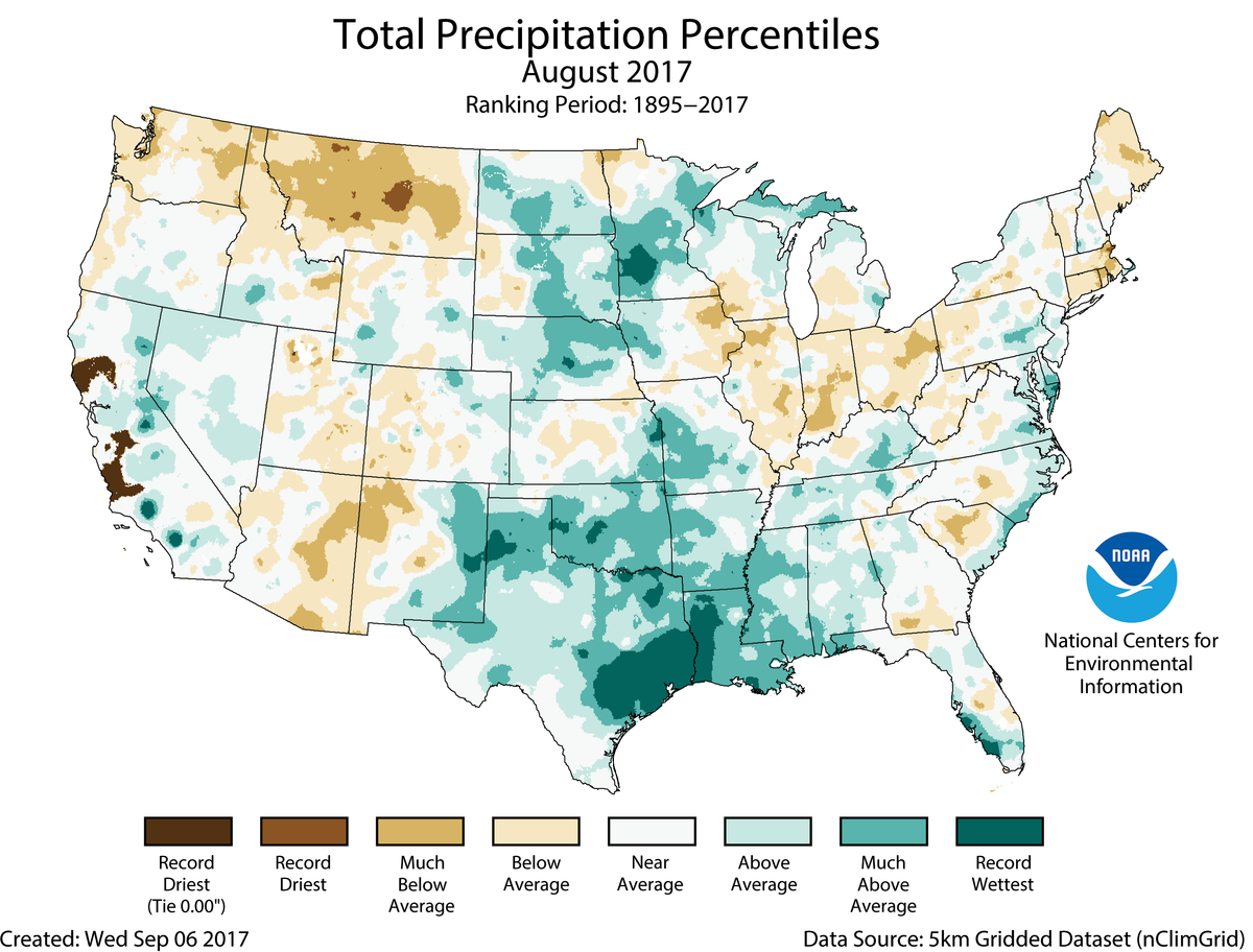 Map of August 2017 U.S. total precipitation percentiles