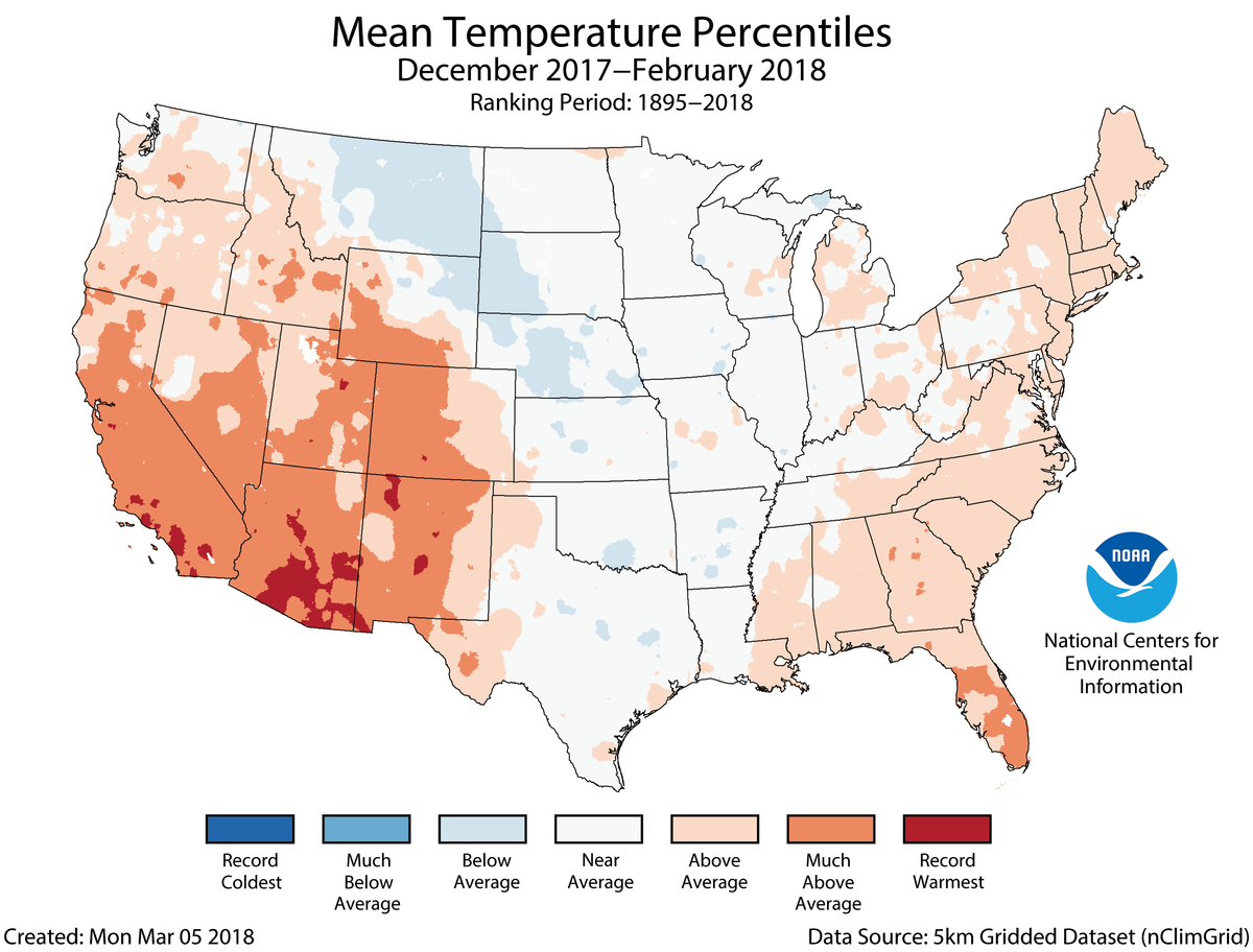 Map of December 2017 to February 2018 U.S. average temperature percentiles