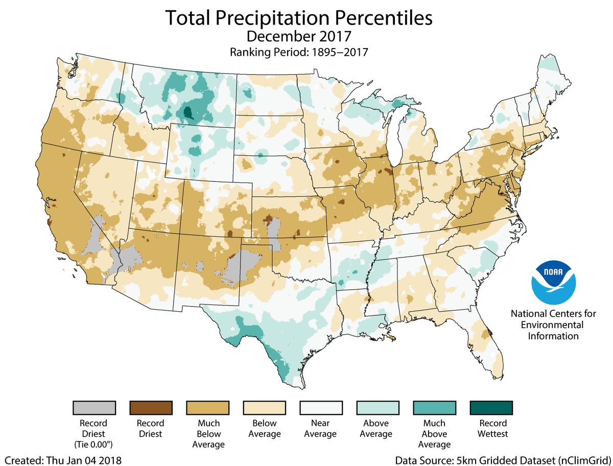 Map of December 2017 U.S. total precipitation percentiles