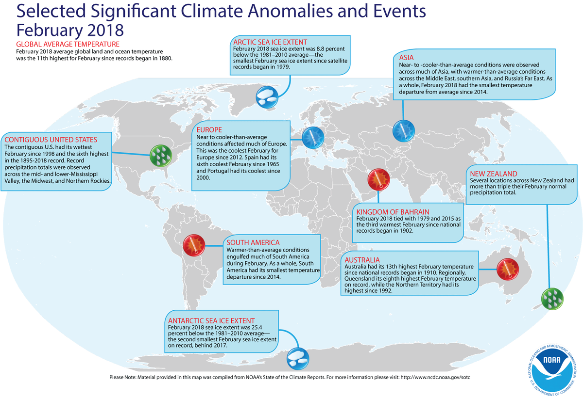 Map of global selected significant climate anomalies and events for February 2018