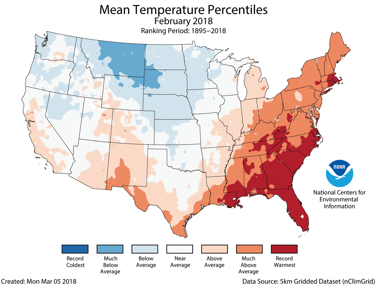 Map of February 2018 U.S. average temperature percentiles