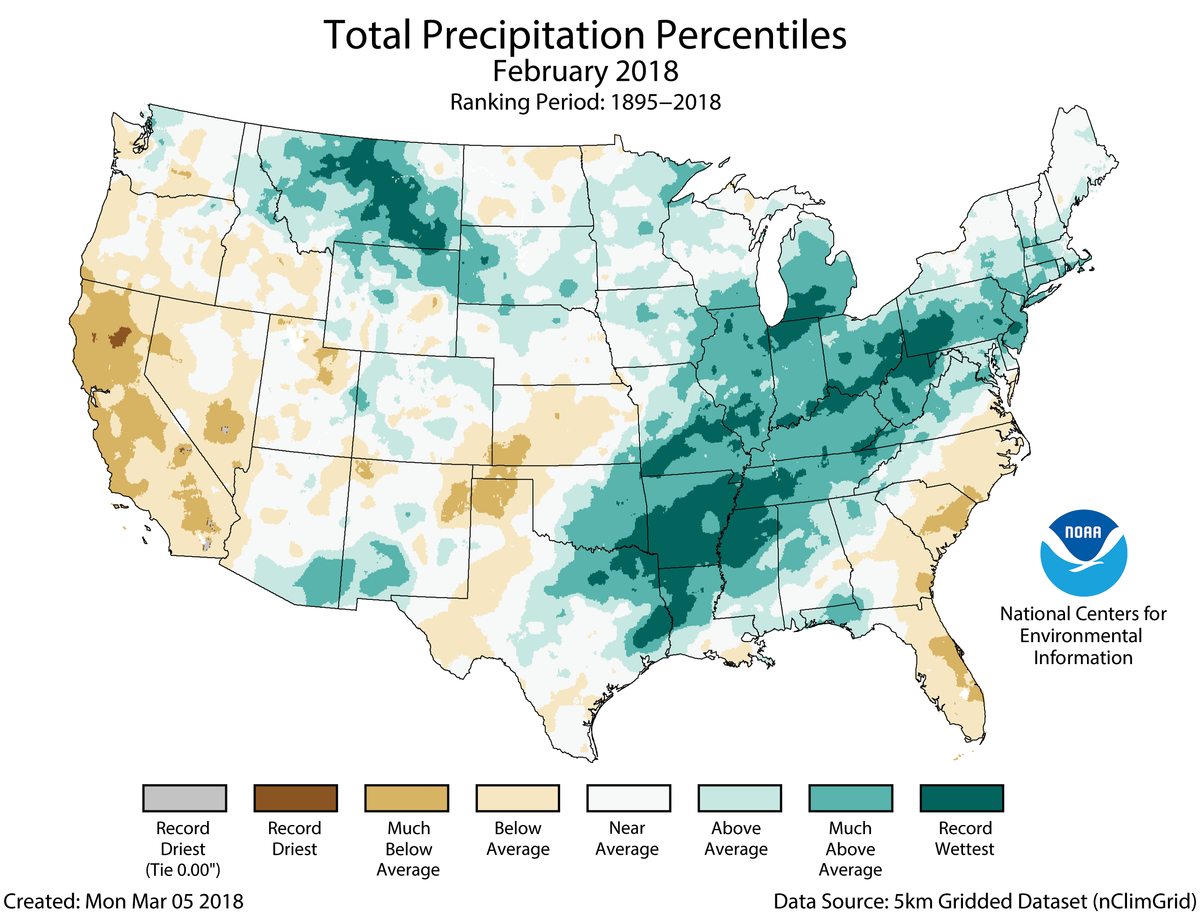 Map of February 2018 U.S. total precipitation percentiles