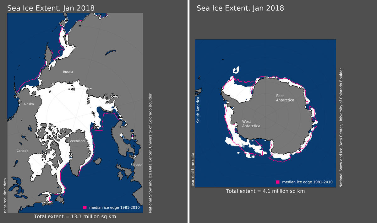 Maps of Arctic and Antarctic sea ice extent in January 2018