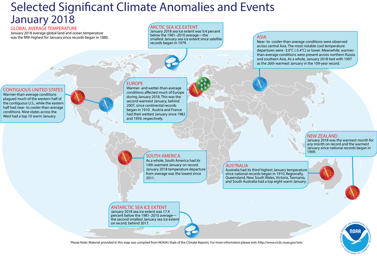 Map of global selected significant climate anomalies and events for January 2018