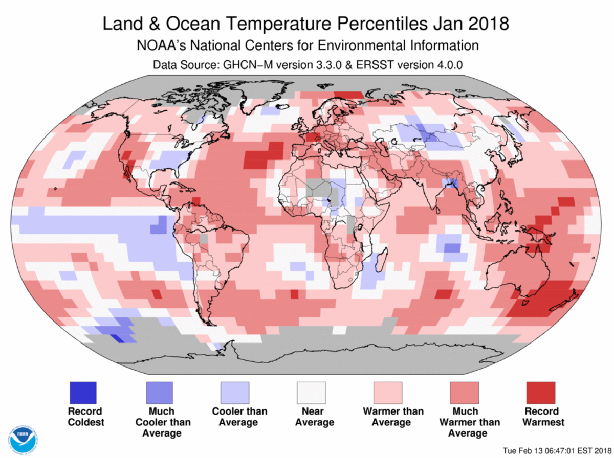Map of global temperature percentiles for January 2018