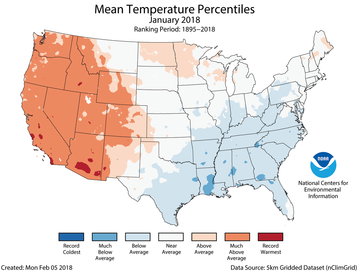 Map of January 2018 U.S. average temperature percentiles