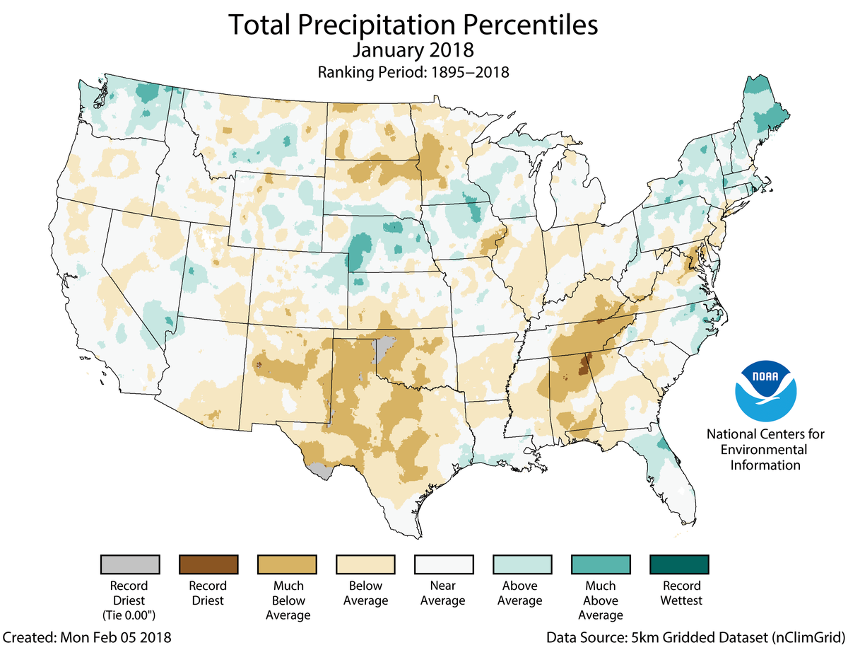 Map of January 2018 U.S. total precipitation percentiles