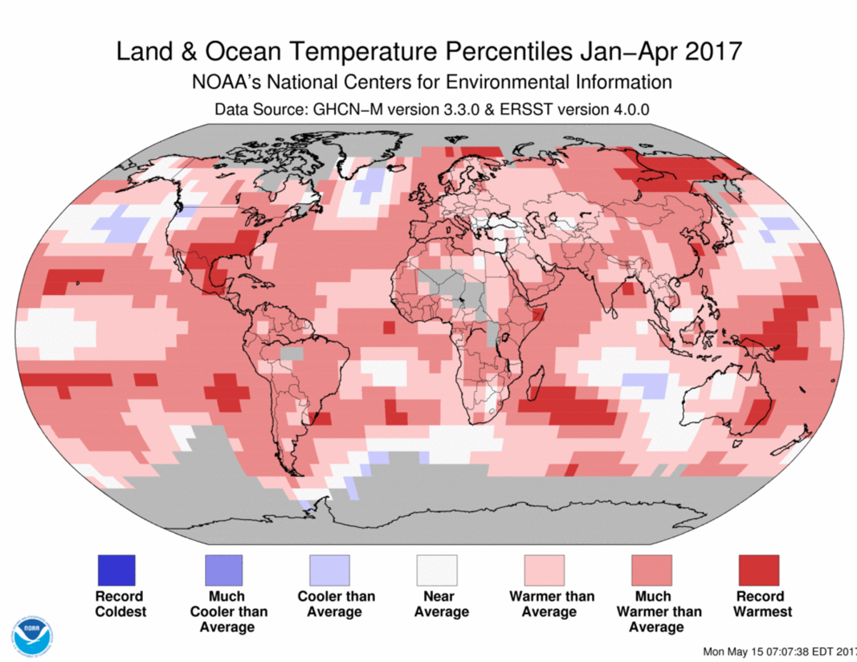 Map of global temperature percentiles for January to April 2017