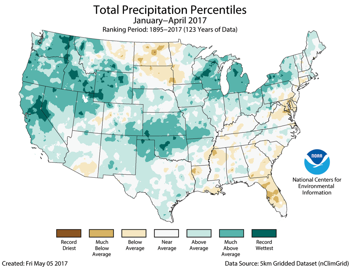 Map of Janurary to April 2017 U.S. precipitation percentiles