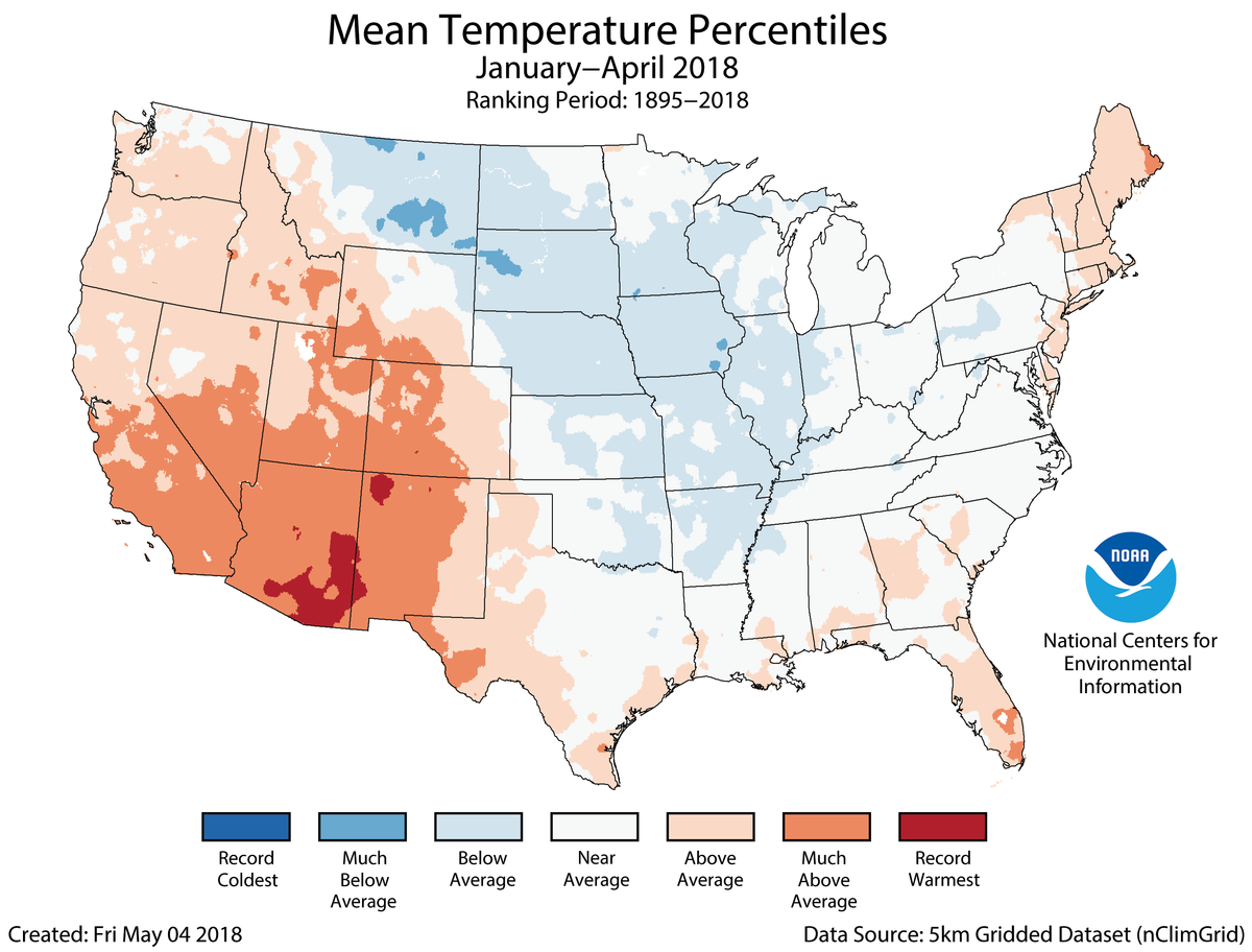 Map of January to April 2018 U.S. average temperature percentiles