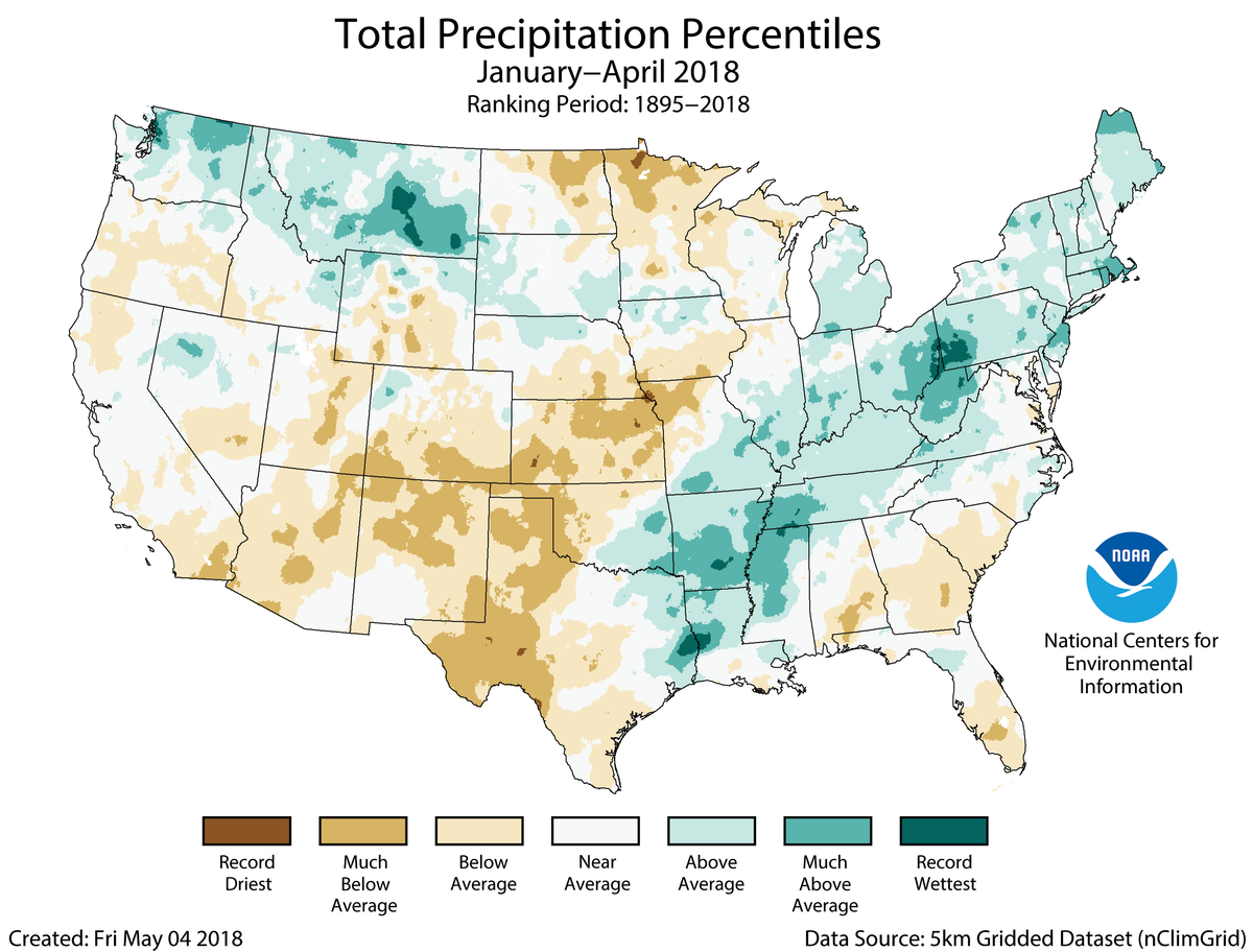 Map of January to April 2018 U.S. total precipitation percentiles